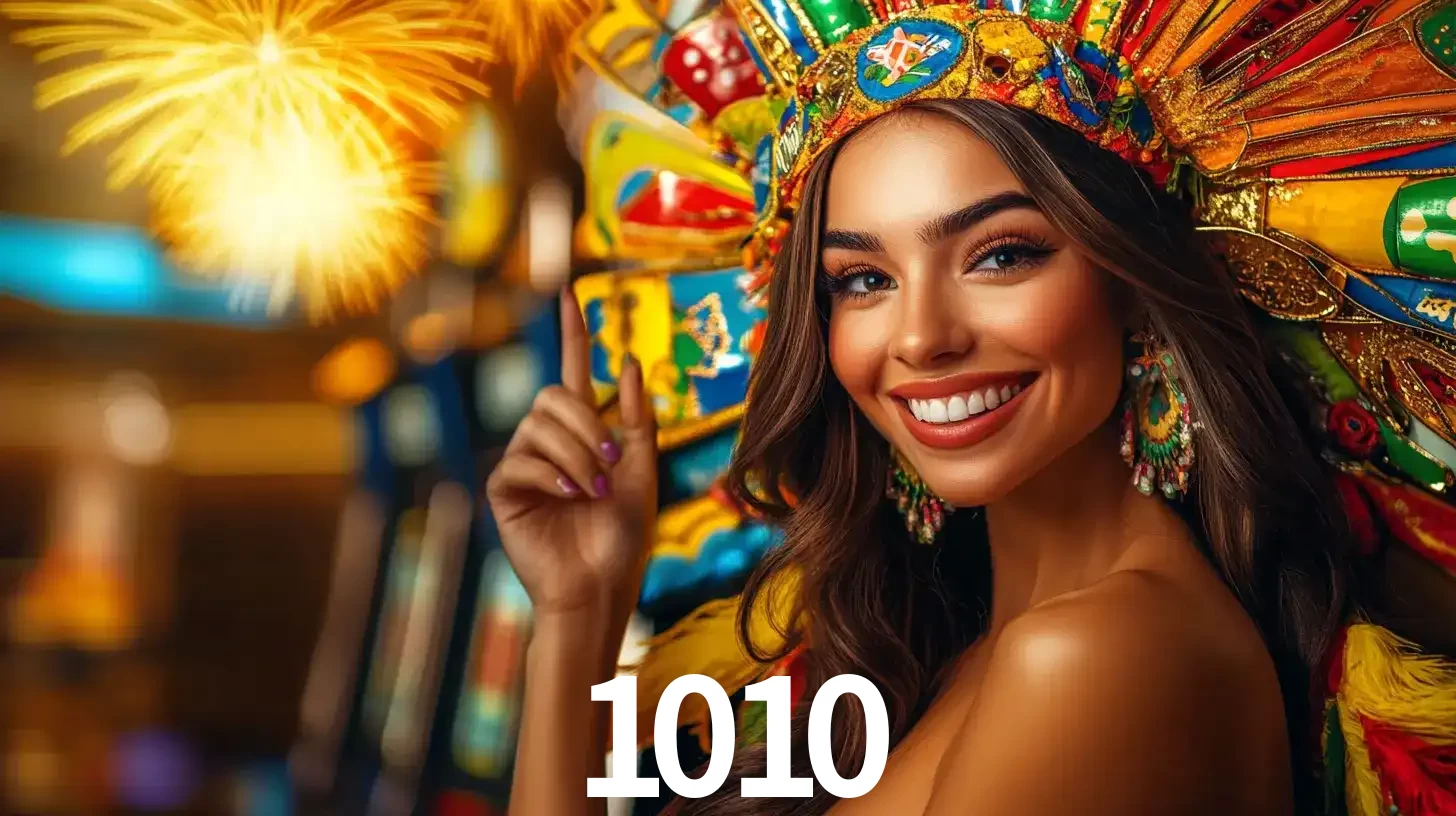 Mulher sorridente com um cocar de carnaval vibrante e colorido, celebrando uma grande vitória nos jogos do cassino 1010 com fogos de artifício ao fundo.