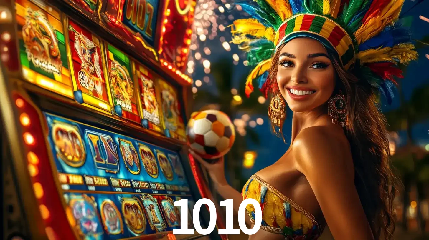 Mulher com um cocar de carnaval ao lado de uma máquina de caça-níqueis enquanto segura uma bola de futebol, mostrando a união da diversão de cassino e esportes no 1010.