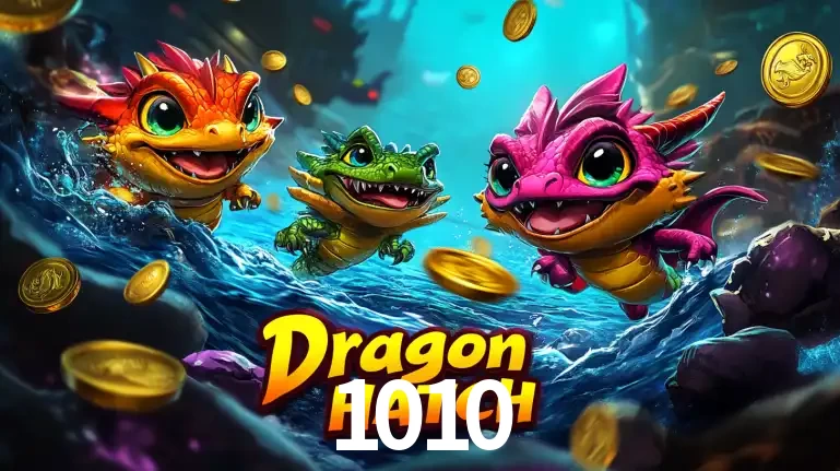 Arte promocional do jogo Dragon Hatch com três adoráveis dragões bebês nadando entre moedas de ouro, um dos slots mais divertidos para jogar no cassino 1010.