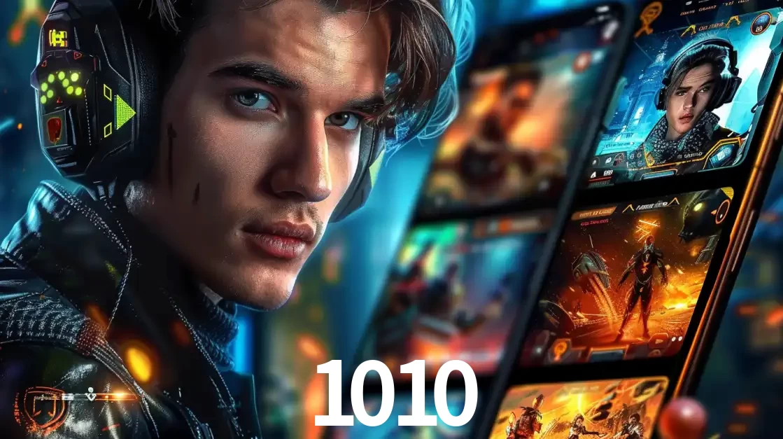 Jovem jogador com fones de ouvido olhando para a câmera, com um aplicativo de jogos e e-sports para celular ao fundo, pronto para a competição e apostas no 1010.
