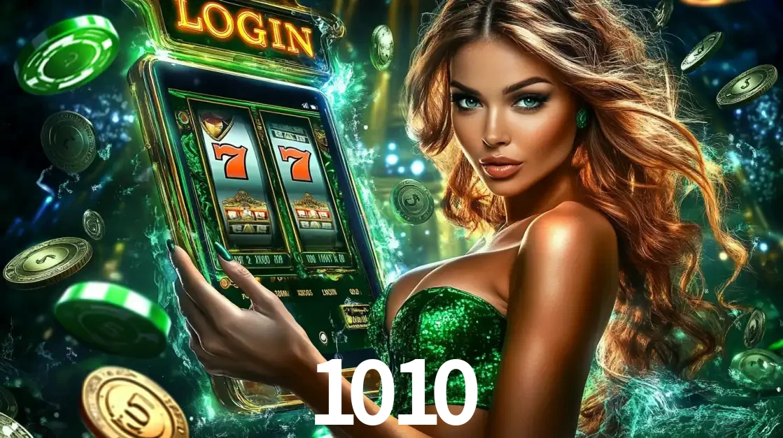Mulher com tema verde apresentando o aplicativo do cassino 1010 com um jogo de slot de 777, cercada por fichas de cassino e uma aura de sorte.