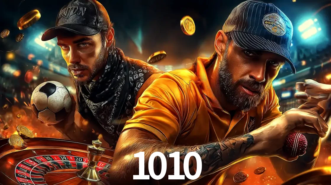 Montagem de apostas esportivas e cassino no 1010, com um homem segurando uma bola de futebol e outro uma de beisebol sobre uma roleta e moedas voadoras.